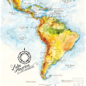 Ilustración en acuarela del mapa de América Latina y el Caribe. Póster de arte mural con mapa de América Latina, América Central y del Sur, México, Brasil y Chile