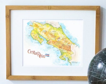 Costa Rica Map Art  Map San José Limon Alajuela Province Heredia Cordillera Range Wall Art Costa Rican Country Travel Map Watercolor Print