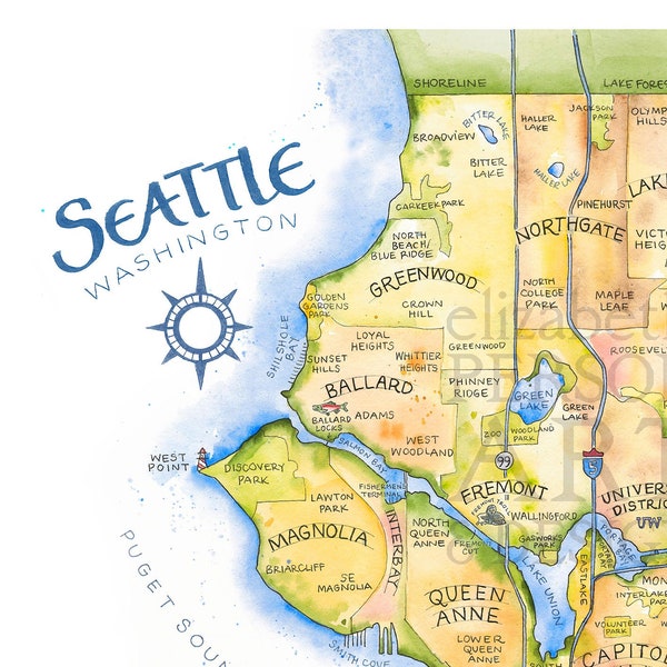 Seattle Map Watercolor Illustration Puget Sound Neighborhood Map Alki Pike Place Space Needle Downtown Seattle Wall Art Map Print Painting
