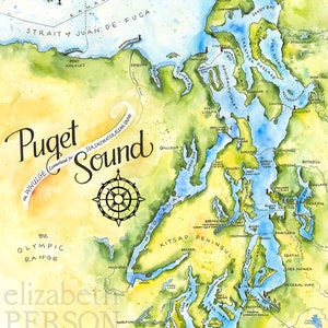 Puget Sound Karte Aquarell Illustration Puget Sound Wasserkarte Kitsap Halbinsel Karte Rechtecke Wand Kunst Salish Seekarte Druck Gemälde