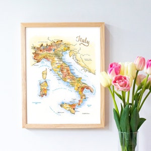 Italy Map Watercolor Illustration Venice Milan Naples Tuscany Rome Sicily Country Map Wall Art Print Poster