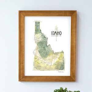 Mapa del estado de Idaho Acuarela Ilustración ID Mapa Boise Sandpoint Mapa Pared Arte Impresión Rockies Regalo imagen 1