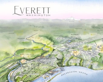 Ilustración del mapa del vecindario de Everett Washington Impresión de arte en acuarela de la ciudad del estado de WA