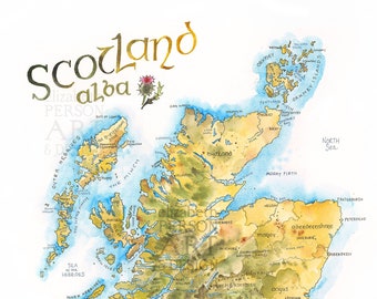 Illustration aquarelle de carte de l'Écosse, comtés d'Alba, des Highlands écossais, Édimbourg, Glasgow, carte dessinée à la main, impression d'art mural, affiche cadeau pour les Écossais