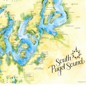 South Puget Sound Aquarell Karte Kitsap Halbinsel Karte Tacoma Gig Harbor Wandkunst Hood Canal Karte Druck Gemälde