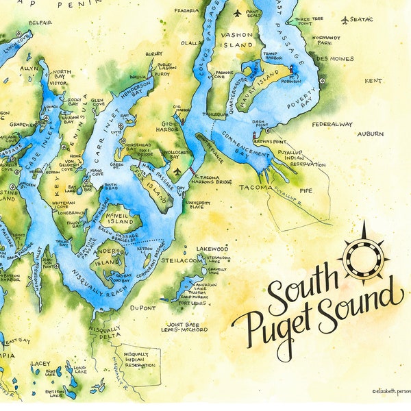 South Puget Sound Watercolor Map Kitsap Peninsula Map Tacoma Gig Harbor Wall Art Hood Canal Map Print Painting