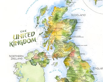 Impression d'art de carte aquarelle du Royaume-Uni, y compris Écosse Pays de Galles Irlande du Nord et Angleterre Royaume-Uni Grande-Bretagne Comtés historiques britanniques