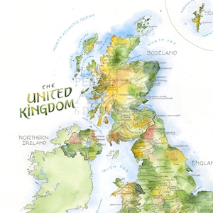 Aquarell-Karte des Vereinigten Königreichs, Kunstdruck mit Schottland, Wales, Nordirland und England, Großbritannien, britischen historischen Grafschaften