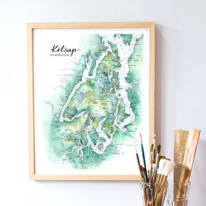 Kitsap-Halbinsel-Karte, Aquarell-Illustration, Puget Sound, nautische Karte, Wandkunst, Salish-Seekarte, Druckgemälde