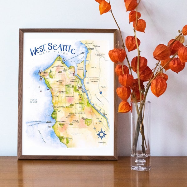 West Seattle Map Watercolor Illustration Puget Sound Seattle Neighborhood Map Alki Wall Art Map Print Painting