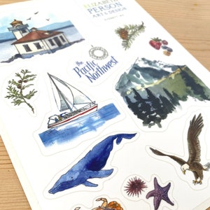Feuille d'autocollants du nord-ouest du Pacifique PNW Pommes à bosse Voilier Phare Pygargue à tête blanche Collection d'autocollants à l'aquarelle