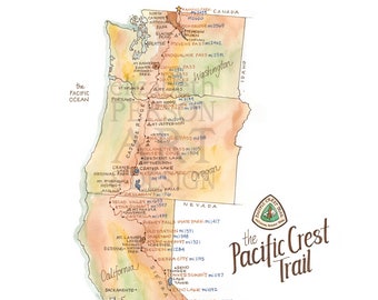 Pacific Crest Trail Map Detailed Watercolor PCT Thru-Hiker Gift Western Wall Art Print Poster