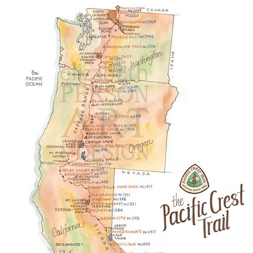Pacific Crest Trail Map Detailed Watercolor Pct Through Hiker | Etsy