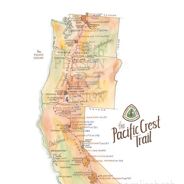 Pacific Crest Trail Map Detailed Watercolor PCT Thru-Hiker Gift Western Wall Art Print Poster