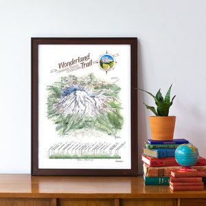 Wunderland Landkarte Detaillierte Aquarell Mount Rainier Tahoma Wanderer Backpacker Geschenk Wand Kunst Druck Poster