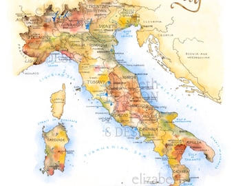 Illustration aquarelle de carte de l'Italie Venise Milan Naples Toscane Rome Sicile Carte du pays Impression d'art mural Poster