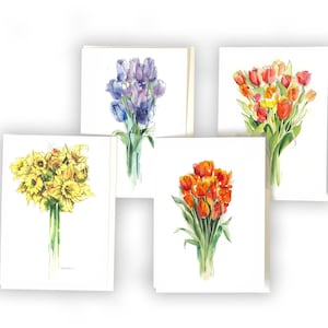 Ramo de Tarjetas /// Paquete de 4 Tarjetas - Tulipanes y Narcisos - Ilustraciones de Acuarela Floral Surtidas
