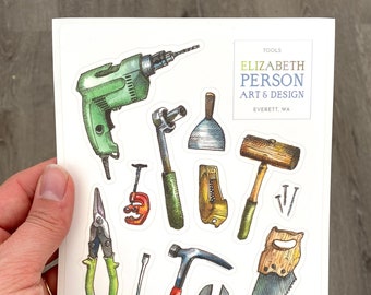 Tools Watercolor Sticker Sheet for Tool Box Lunchbox Garage Project Handyman Fixer-Uppers DIYers Themed Birthday Party Fun Gift