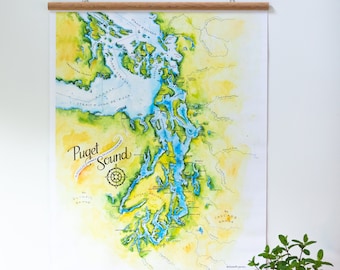 Puget Sound Map Art: Large Illustrated Vinyl Wall Map Decor