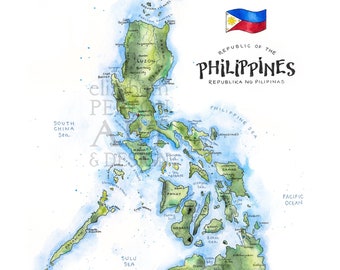 Philippines Map Watercolor Illustration Filipino Manila Luzon Islands Republika ng Pilipinas Map Wall Art Poster