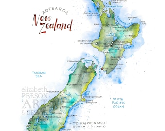 New Zealand Map Watercolor Illustration NZ Auckland Map Wall Art Poster