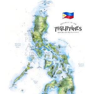 Philippines Map Watercolor Illustration Filipino Manila Luzon Islands Republika ng Pilipinas Map Wall Art Poster