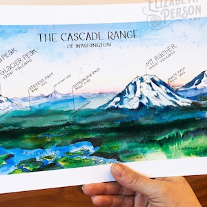 オレゴンカスケード山脈の東側の水彩画イラスト、クレーターレイクの峰