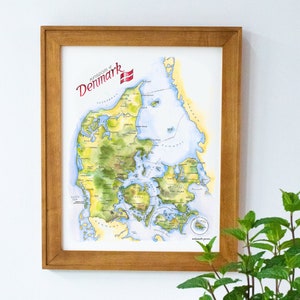 Illustration aquarelle de carte du Danemark Carte scandinave Norske Scandinave Copenhagen Odense Aarhus Aalborg Danois Danois Viking carte Impression d'art murale