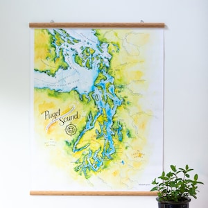 Giant Puget Sound Map Illustrated Old School Large Map Washington Pull down Jumbo Vinyl Map Seattle Wall Map Salish Sea Wall Art Poster