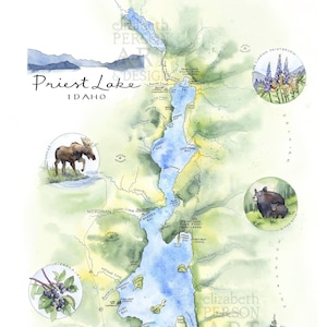 Prêtre, lac Idaho, carte, illustration aquarelle, impression d'art mural, peinture
