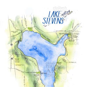 Lake Stevens Washington Aquarell Karte Kunstdruck und Snohomish County Wandkunst