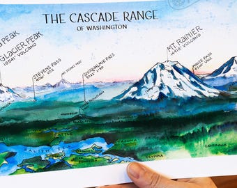 オレゴン州カスケード山脈の水彩画イラスト、クレーター湖、マウント