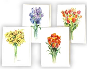 Bouquet of Cards /// 4 Card Pack - Tulips and Daffodils - Assorted Floral Watercolor Illustrations