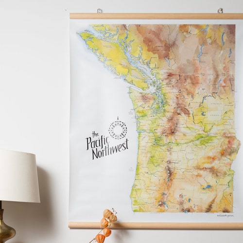 Map Of Bc And Washington State Giant Pacific Northwest State Map Illustrated Old School Large | Etsy