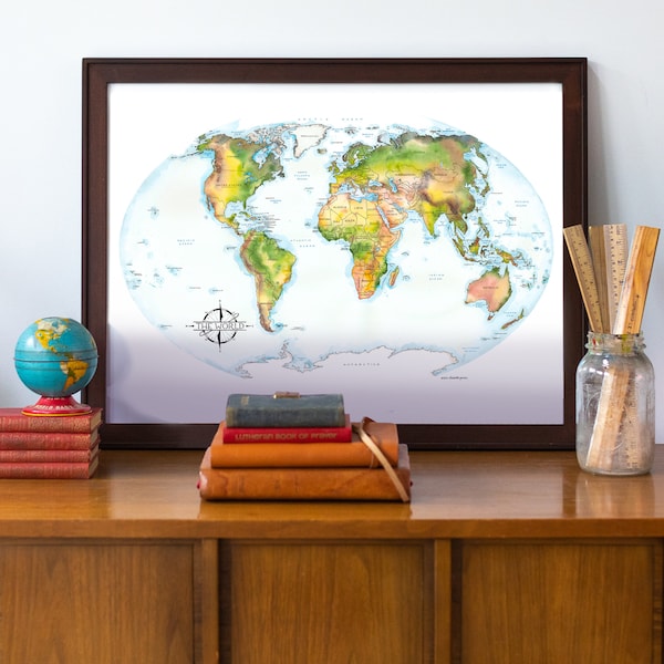 World Map Watercolor Illustration Hand Drawn Labeled Map Print Large Wall Art Poster Travel Gift
