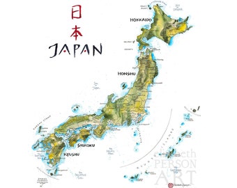 Carte du Japon illustration aquarelle Nippon 日本国 Japon Tokyo Hokkaido Honshu Shikoku Kyusu îles Okinawa noms de ville carte affiche d'art mural