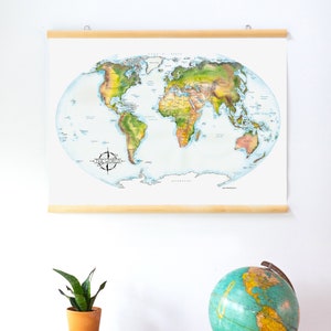 Riesige Weltkarte Illustrierte Old School Große Aquarell Karte der Welt Oversize Jumbo Vinyl Karte