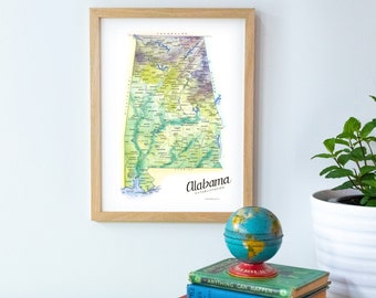 Alabama State Map Watercolor Illustration AL Map Montgomery Birmingham Huntsville Mobile Tuscaloosa Auburn Map Wall Art Print Gift