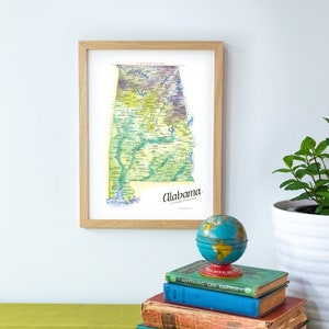 Carte de l'état de l'Alabama Illustration aquarelle AL carte Montgomery Birmingham Huntsville Mobile Tuscaloosa Auburn carte impression d'art mural cadeau