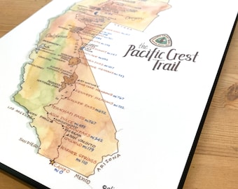 Pacific Crest Trail Map BOARD MOUNTED Detailed Watercolor PCT Thru-Hiker Gift Western Wall Art Print Poster