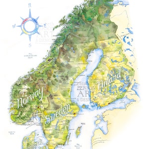Skandinavien & Finnland Karte Aquarell Illustration Skandinavische Karte Norwegen Schweden Dänemark Finnland Bottnien Karte Wandkunstdruck