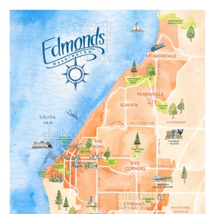 Stadt Edmonds WA Aquarell Karte Wand kunstdruck