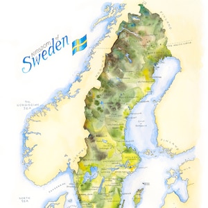 Illustration aquarelle de carte de la Suède Carte scandinave Norske Scandinave Suédois suédois Stockholm Göteborg Malmo Uppsala Carte viking Impression d'art mural