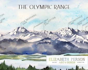 The Olympic Range Watercolor Illustration Olympic Peninsula Mountains Olympus Mountain Range Chart Washington Mountains Wall Art Print