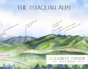 Issaquah Alps Watercolor Illustration Cascade Range Mountains Mount Si Rattlesnake Ridge Tiger Squak Cougar Chart WA Mountain Wall Art