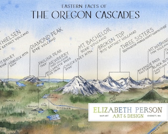 Eastern Faces of the Oregon Cascades Watercolor Illustration Peaks Crater Lake Bachelor Three Sisters Bend OR Mountain Range Chart Wall Art