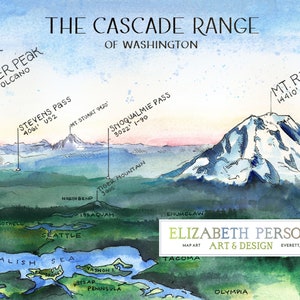 Washington Cascades Watercolor Illustration Cascade Range Mountains Baker Glacier Rainier Hood St Helens Range Chart WA Mountain Wall Art