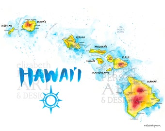 ハワイ地図 水彩イラスト HI ハワイ諸島 ハワイ地図アート