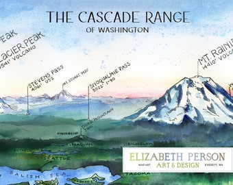 Washington Cascades Watercolor Illustration Cascade Range Mountains Baker Glacier Rainier Hood St Helens Range Chart WA Mountain Wall Art