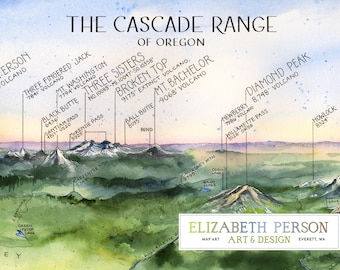 Oregon Cascades Watercolor Illustration Peaks Crater Lake Mt Hood Jefferson Bachelor Mountain Range Chart Oregon Mountain Range Wall Art